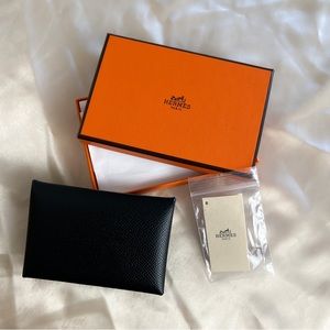 Hermes Calvi Leather Cardholder in Black Epsom Leather